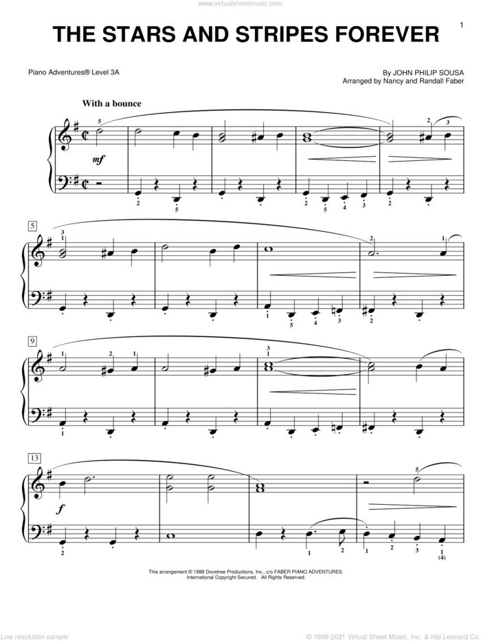 The Stars and Stripes Forever sheet music for piano solo by John Philip Sousa and Nancy and Randall Faber, intermediate/advanced skill level