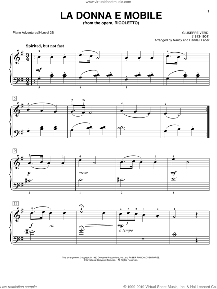 La Donna E Mobile sheet music for piano solo by Giuseppe Verdi and Nancy and Randall Faber, classical score, intermediate/advanced skill level