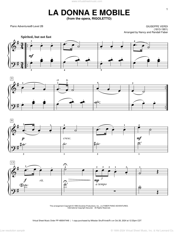 La Donna E Mobile, (intermediate/advanced) sheet music for piano solo by Giuseppe Verdi and Nancy and Randall Faber, classical score, intermediate/advanced skill level