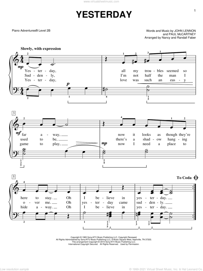 Yesterday, (intermediate/advanced) sheet music for piano solo by The Beatles, John Lennon and Paul McCartney and Nancy and Randall Faber, intermediate/advanced skill level