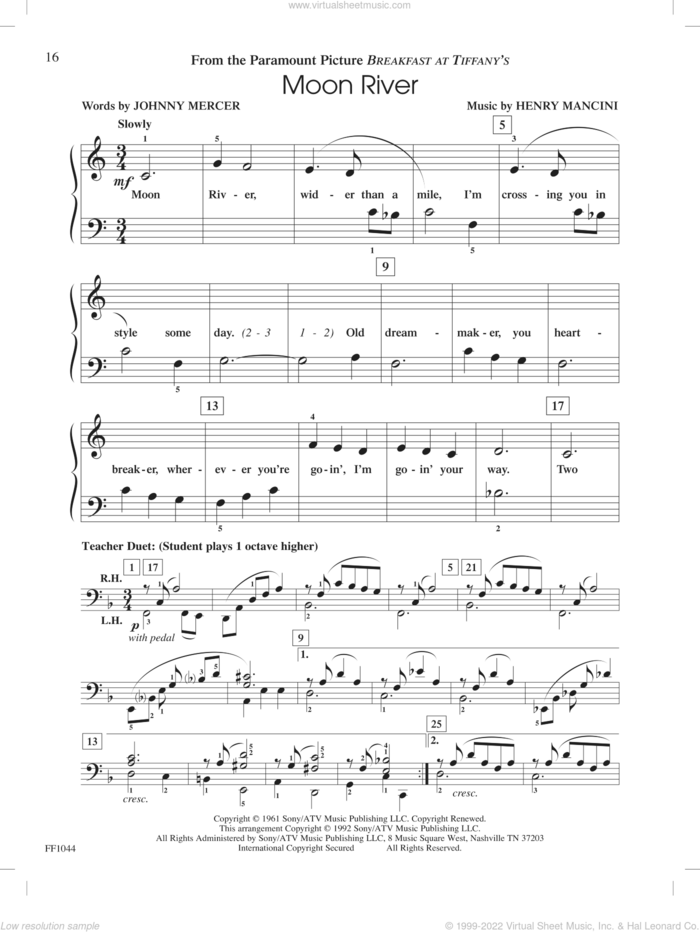 Moon River, (intermediate/advanced) sheet music for piano solo by Johnny Mercer, Henry Mancini and Nancy and Randall Faber, intermediate/advanced skill level