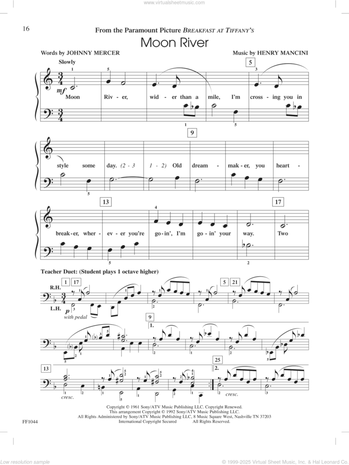 Moon River, (intermediate+) sheet music for piano solo by Johnny Mercer, Henry Mancini and Nancy and Randall Faber, intermediate+ skill level