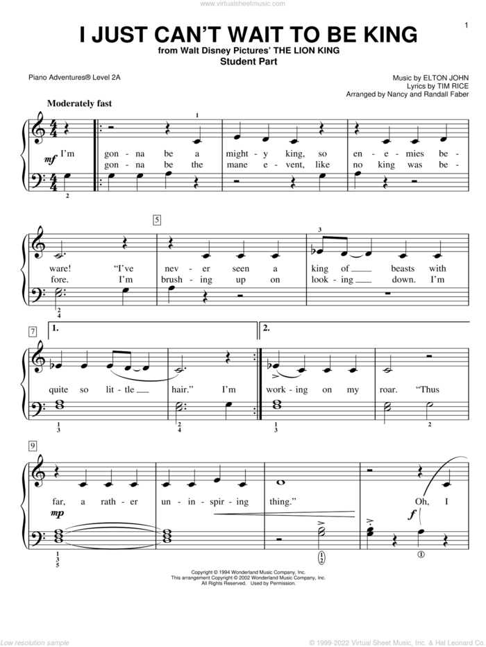 I Just Can't Wait to Be King (from The Lion King) sheet music for piano solo by Elton John, Nancy and Randall Faber and Tim Rice, intermediate/advanced skill level