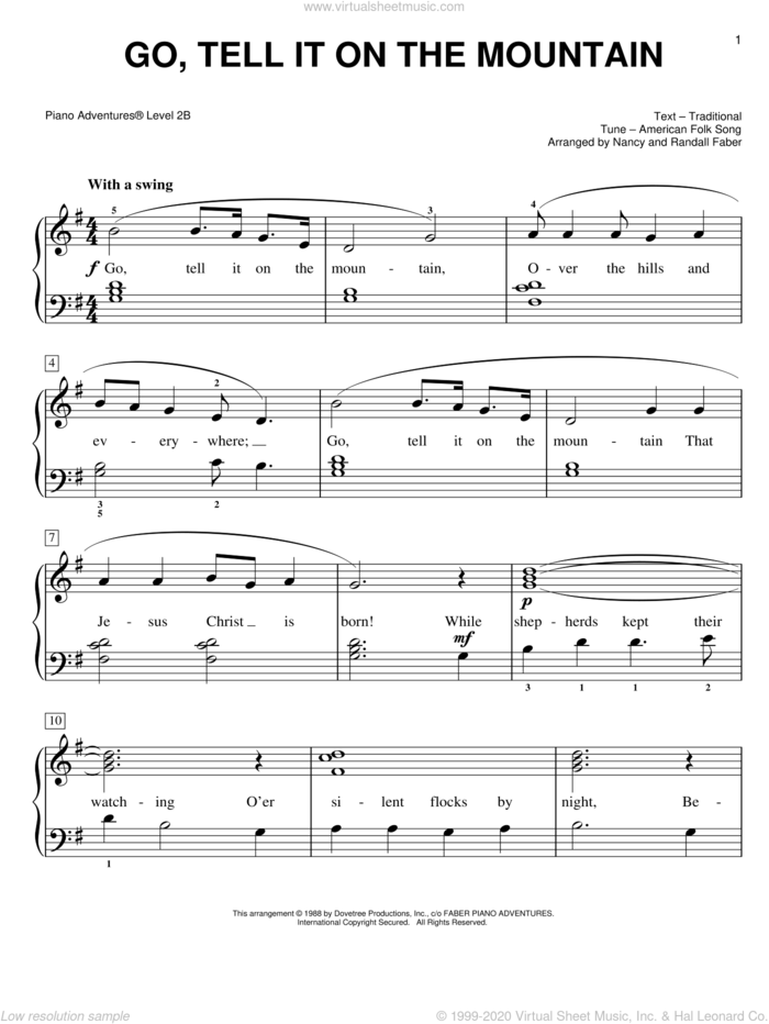 Go, Tell It on the Mountain sheet music for piano solo by Nancy and Randall Faber and Miscellaneous, intermediate/advanced skill level
