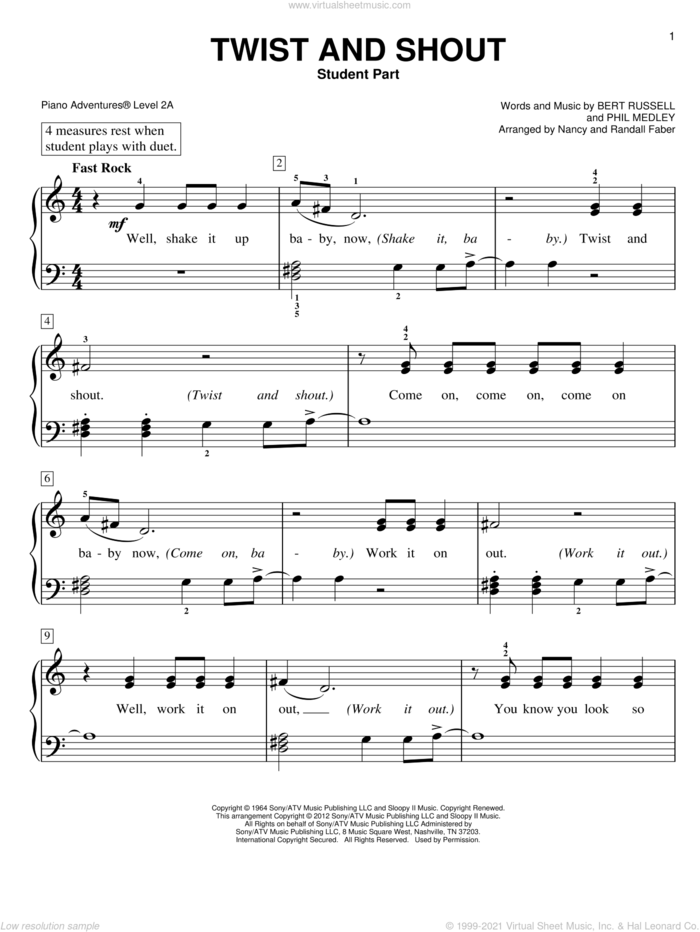 Twist And Shout, (intermediate/advanced) sheet music for piano solo by The Beatles, Bert Russell, Nancy and Randall Faber and Phil Medley, intermediate/advanced skill level