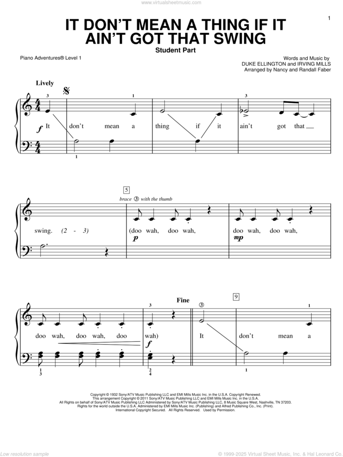 It Don't Mean a Thing If It Ain't Got That Swing sheet music for piano solo by Duke Ellington, Irving Mills and Nancy and Randall Faber, intermediate/advanced skill level