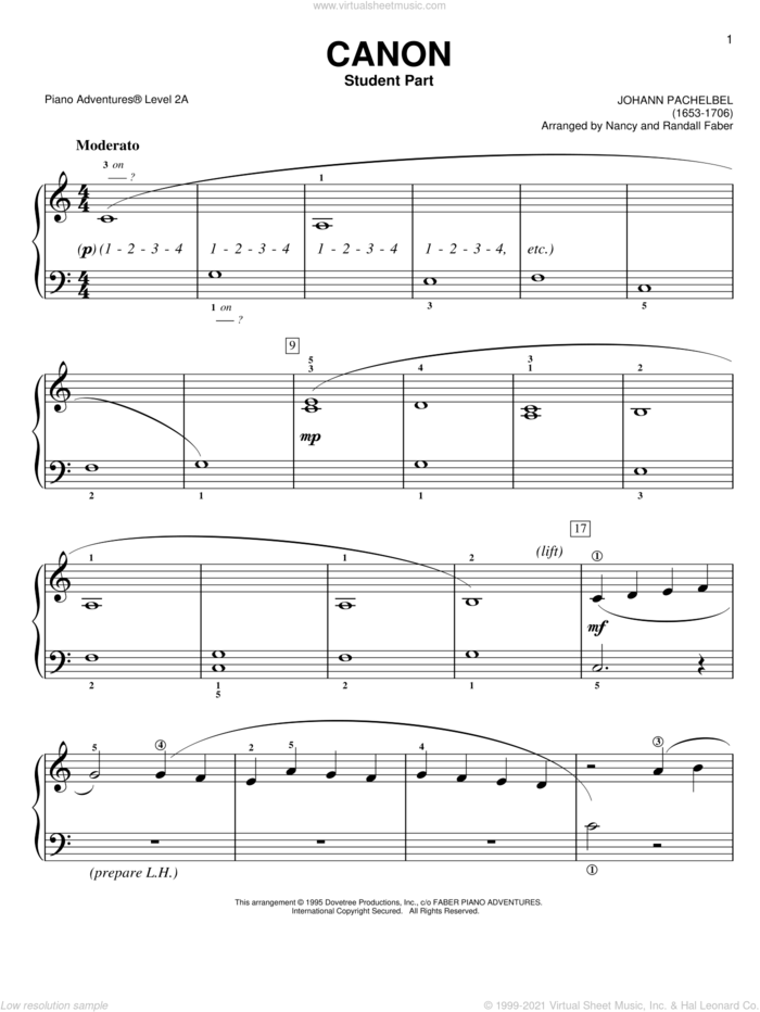Pachelbel's Canon sheet music for piano solo by Johann Pachelbel and Nancy and Randall Faber, classical wedding score, intermediate/advanced skill level