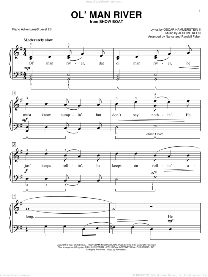 Ol' Man River sheet music for piano solo by Oscar II Hammerstein, Jerome Kern and Nancy and Randall Faber, intermediate/advanced skill level