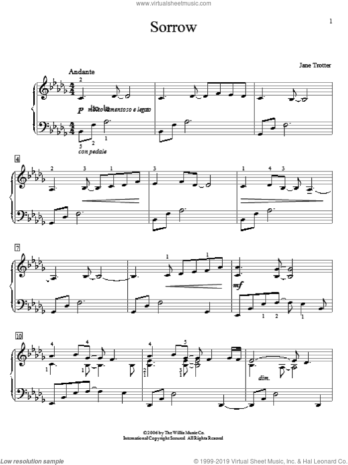 Sorrow sheet music for piano solo (elementary) by Jane Trotter, beginner piano (elementary)