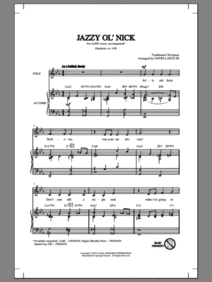 Jazzy Ol' Nick sheet music for choir (SATB: soprano, alto, tenor, bass) by David Lantz and Traditional Christmas, intermediate skill level
