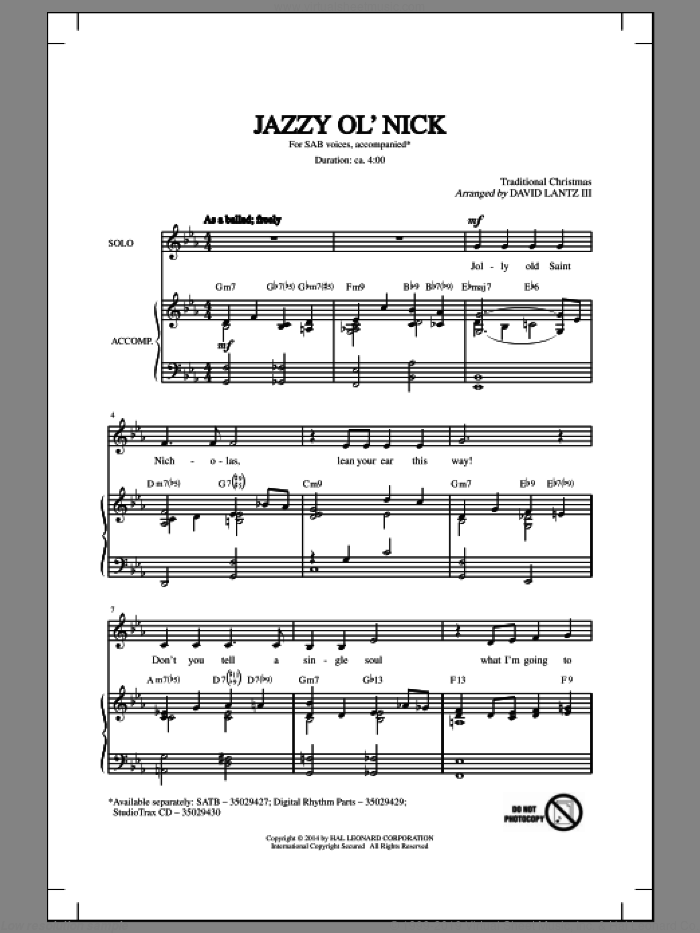 Jazzy Ol' Nick sheet music for choir (SAB: soprano, alto, bass) by David Lantz and Traditional Christmas, intermediate skill level