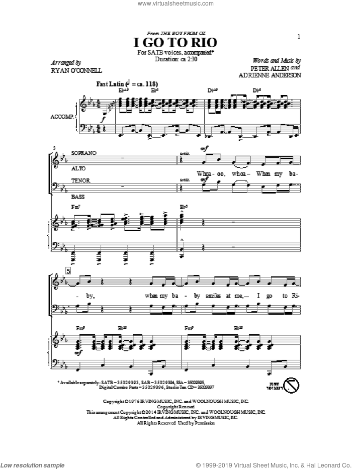 I Go To Rio (from The Boy From Oz) (arr. Ryan O'Connell) sheet music for choir (SATB: soprano, alto, tenor, bass) by Peter Allen and Adrienne Anderson, intermediate skill level