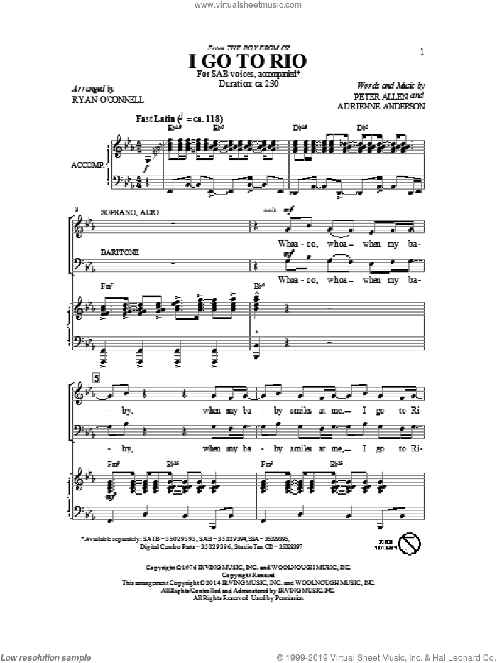 I Go To Rio (from The Boy From Oz) (arr. Ryan O'Connell) sheet music for choir (SAB: soprano, alto, bass) by Peter Allen and Adrienne Anderson, intermediate skill level