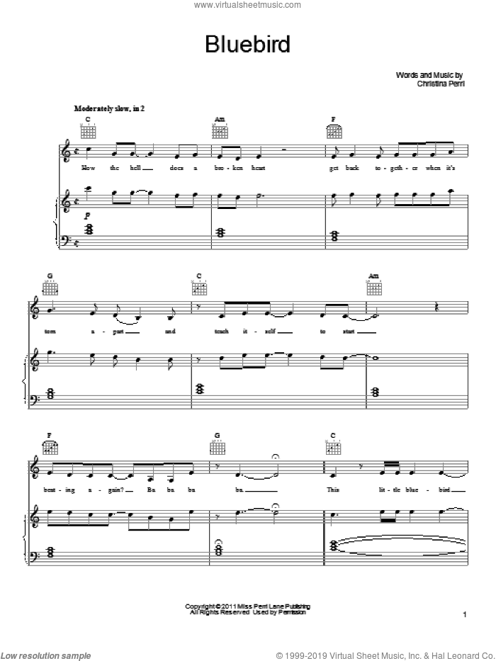 Bluebird sheet music for voice, piano or guitar by Christina Perri, intermediate skill level