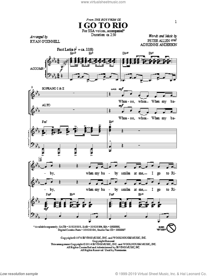 I Go To Rio (from The Boy From Oz) (arr. Ryan O'Connell) sheet music for choir (SSA: soprano, alto) by Peter Allen and Adrienne Anderson, intermediate skill level