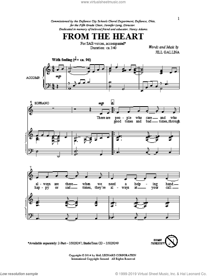 From The Heart sheet music for choir (SAB: soprano, alto, bass) by Jill Gallina, intermediate skill level