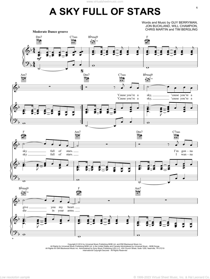 A Sky Full Of Stars sheet music for voice, piano or guitar by Coldplay, Chris Martin, Guy Berryman, Jon Buckland, Tim Bergling and Will Champion, wedding score, intermediate skill level