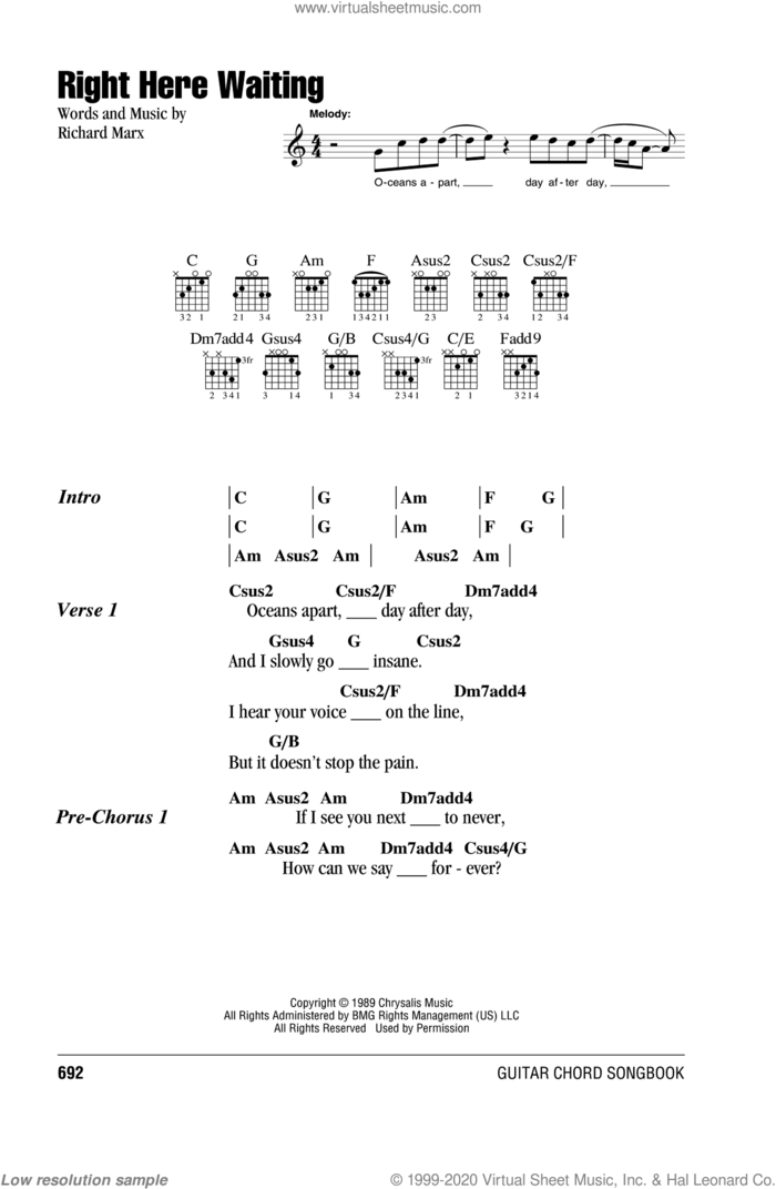 Right Here Waiting sheet music for guitar (chords) by Richard Marx, intermediate skill level