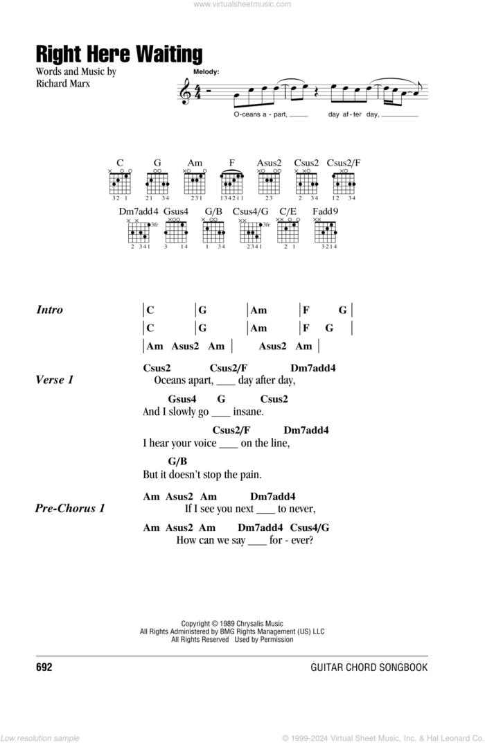 Right Here Waiting sheet music for guitar (chords) by Richard Marx, intermediate skill level