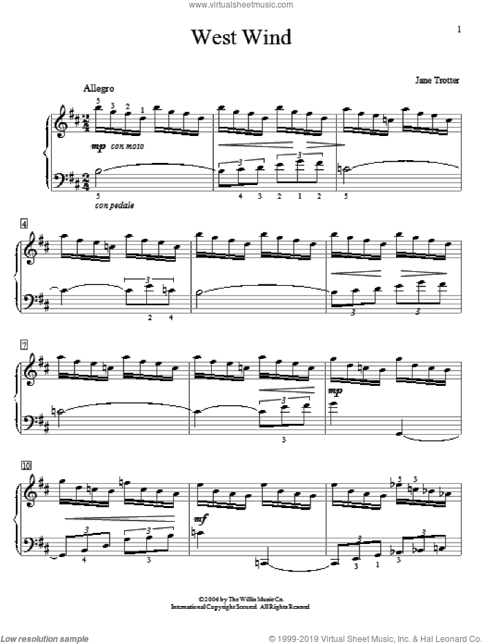West Wind sheet music for piano solo (elementary) by Jane Trotter, beginner piano (elementary)