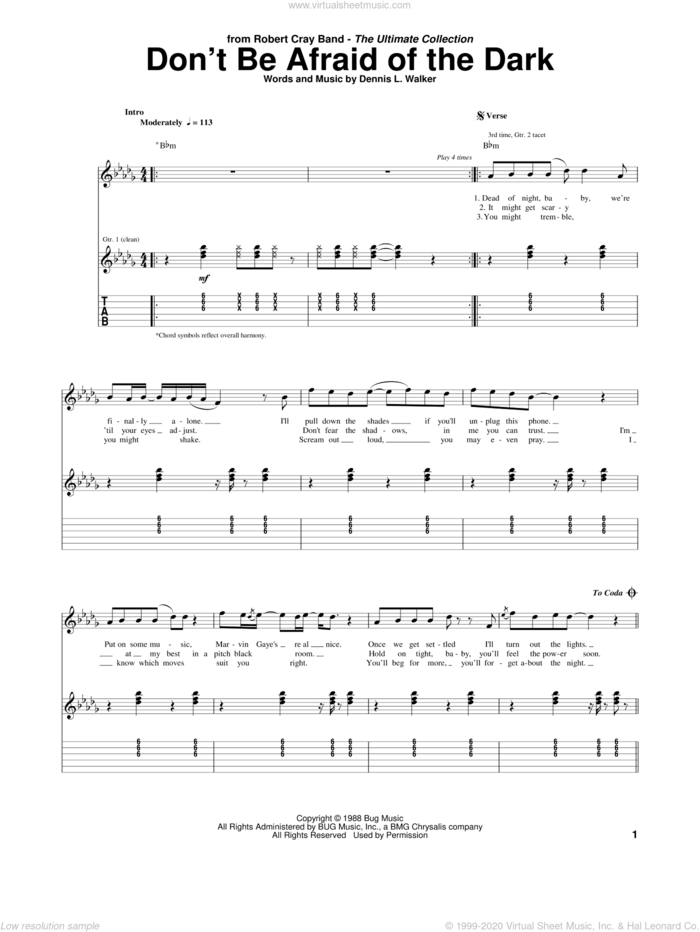 Don't Be Afraid Of The Dark sheet music for guitar (tablature) by Robert Cray and Dennis L. Walker, intermediate skill level