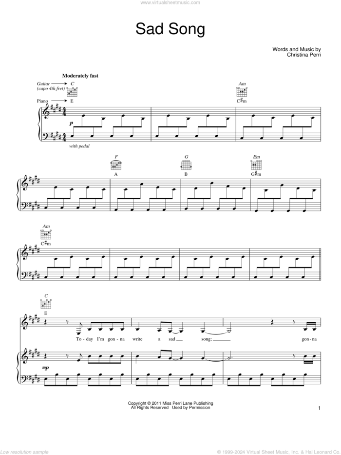 Sad Song sheet music for voice, piano or guitar by Christina Perri, intermediate skill level