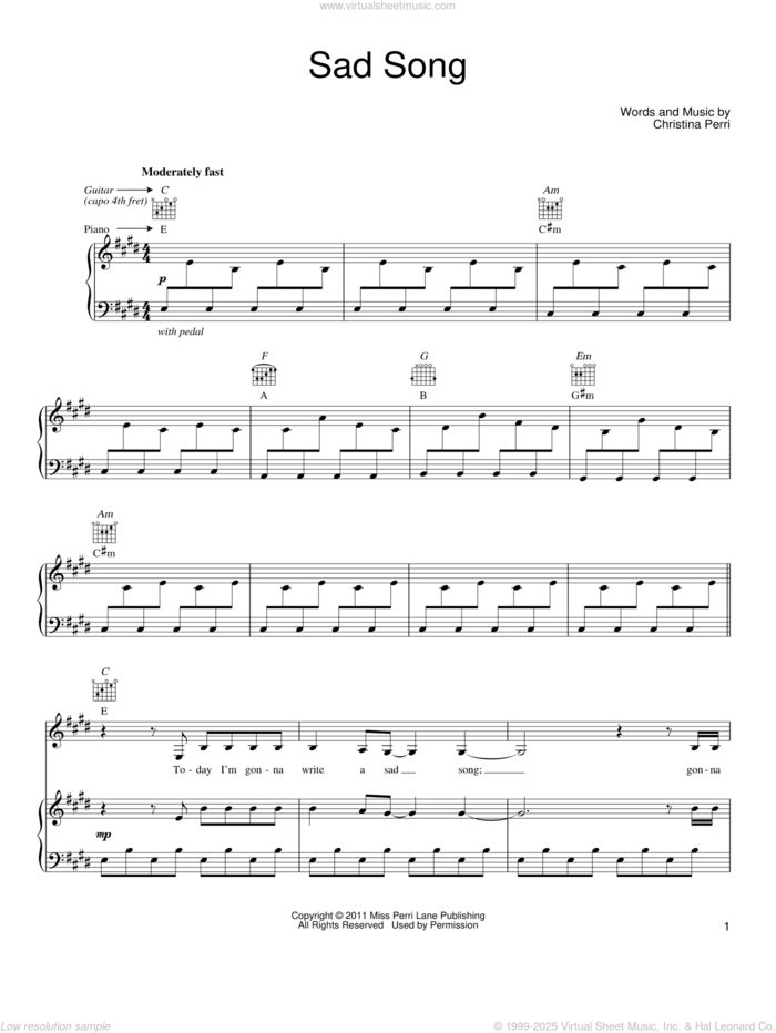 Sad Song sheet music for voice, piano or guitar by Christina Perri, intermediate skill level