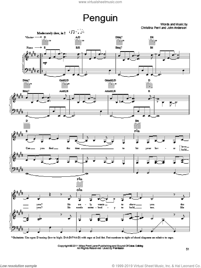 Penguin sheet music for voice, piano or guitar by Christina Perri and John Anderson, intermediate skill level