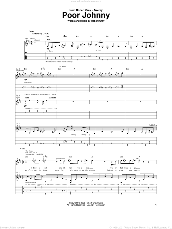 Poor Johnny sheet music for guitar (tablature) by Robert Cray, intermediate skill level