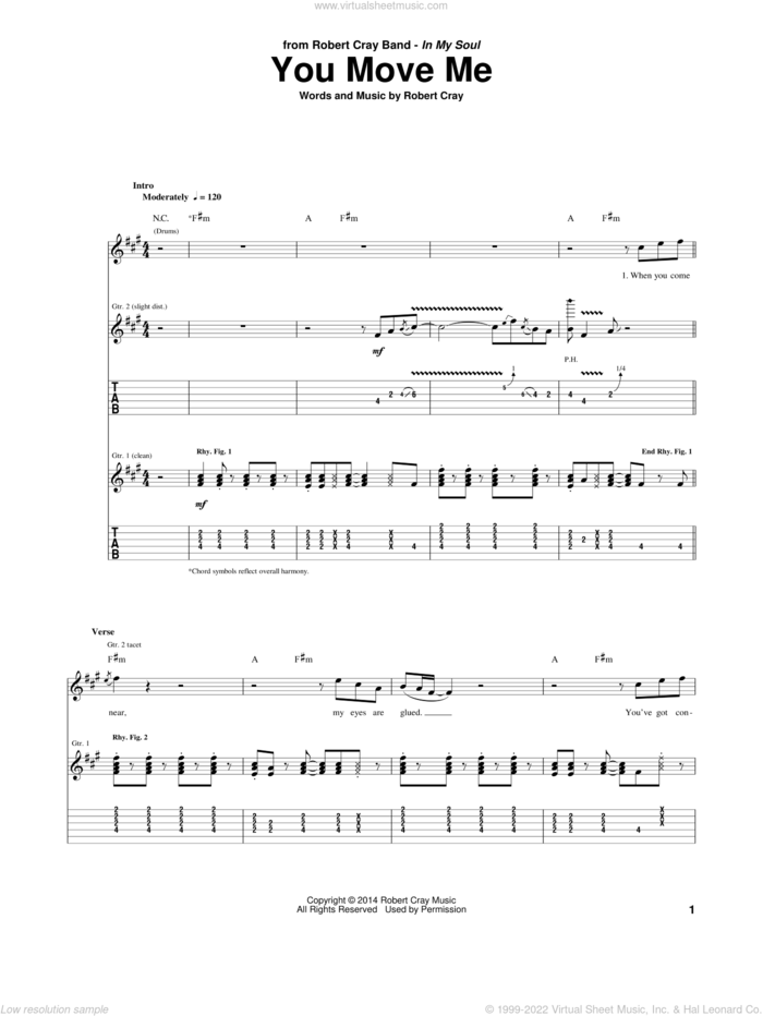You Move Me sheet music for guitar (tablature) by Robert Cray, intermediate skill level
