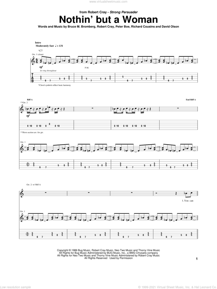 Nothin' But A Woman sheet music for guitar (tablature) by Robert Cray, Bruce M. Bromberg, David Olson, Peter Boe and Richard Cousins, intermediate skill level