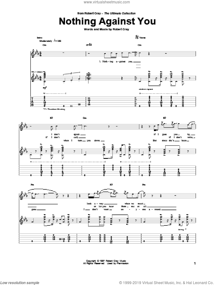 Nothing Against You sheet music for guitar (tablature) by Robert Cray, intermediate skill level