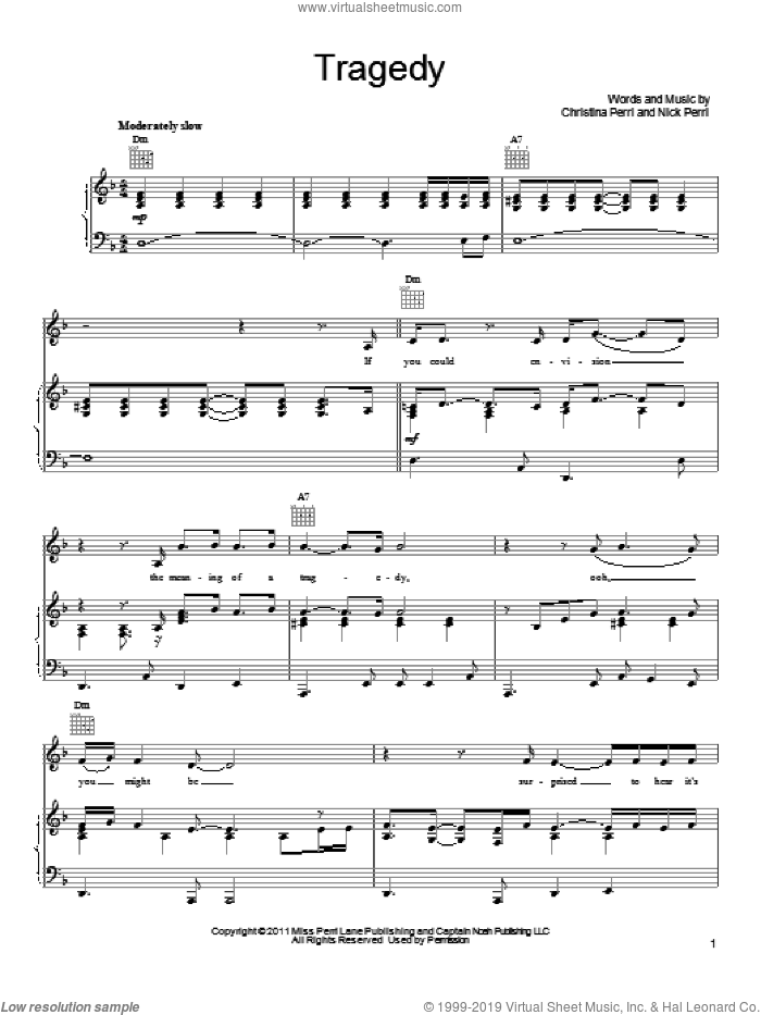 Tragedy sheet music for voice, piano or guitar by Christina Perri and Nick Perri, intermediate skill level