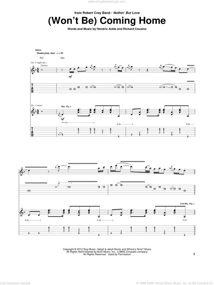 (Won't Be) Coming Home sheet music for guitar (tablature) by Robert Cray, Hendrix Ackle and Richard Cousins, intermediate skill level