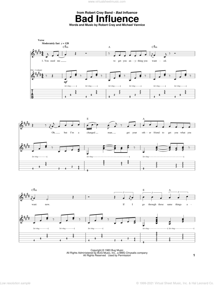 Bad Influence sheet music for guitar (tablature) by Robert Cray and Michael Vannice, intermediate skill level