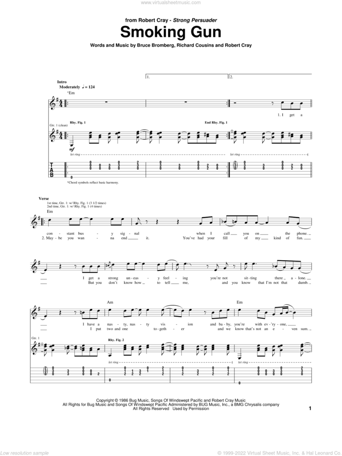 Smoking Gun sheet music for guitar (tablature) by Robert Cray, Bruce Bromberg and Richard Cousins, intermediate skill level