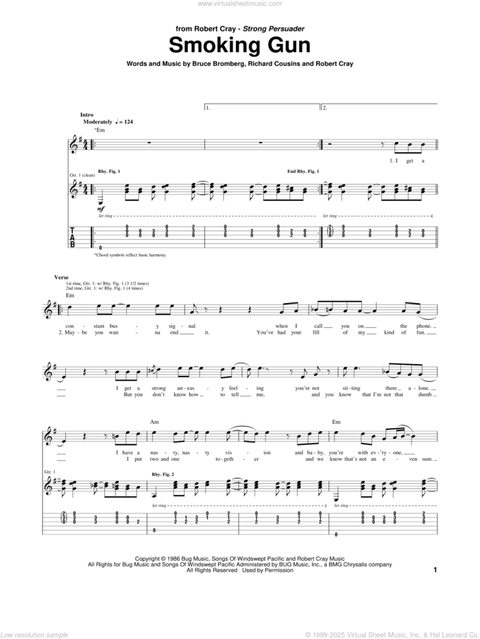 Smoking Gun sheet music for guitar (tablature) by Robert Cray, Bruce Bromberg and Richard Cousins, intermediate skill level