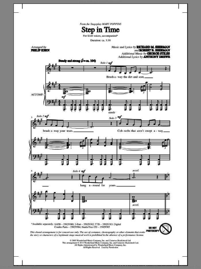 Step In Time sheet music for choir (SAB: soprano, alto, bass) by Richard M. Sherman, Anthony Drewe, George Stiles, Philip Kern and Robert B. Sherman, intermediate skill level