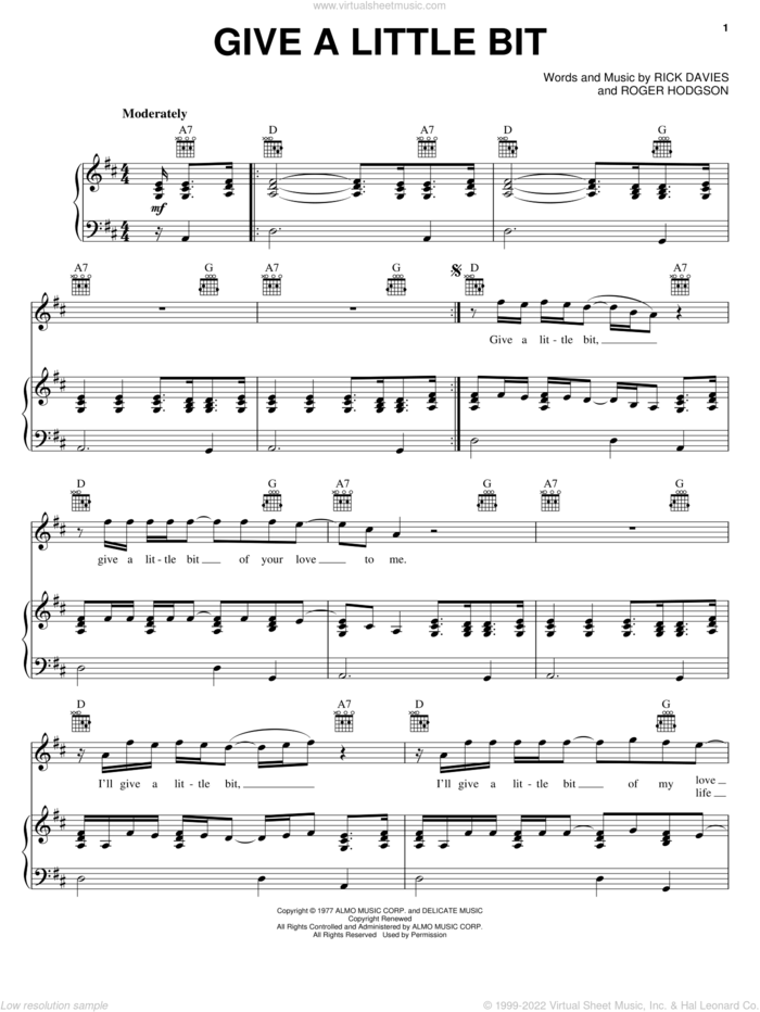 Give A Little Bit sheet music for voice, piano or guitar by Supertramp, Rick Davies and Roger Hodgson, intermediate skill level