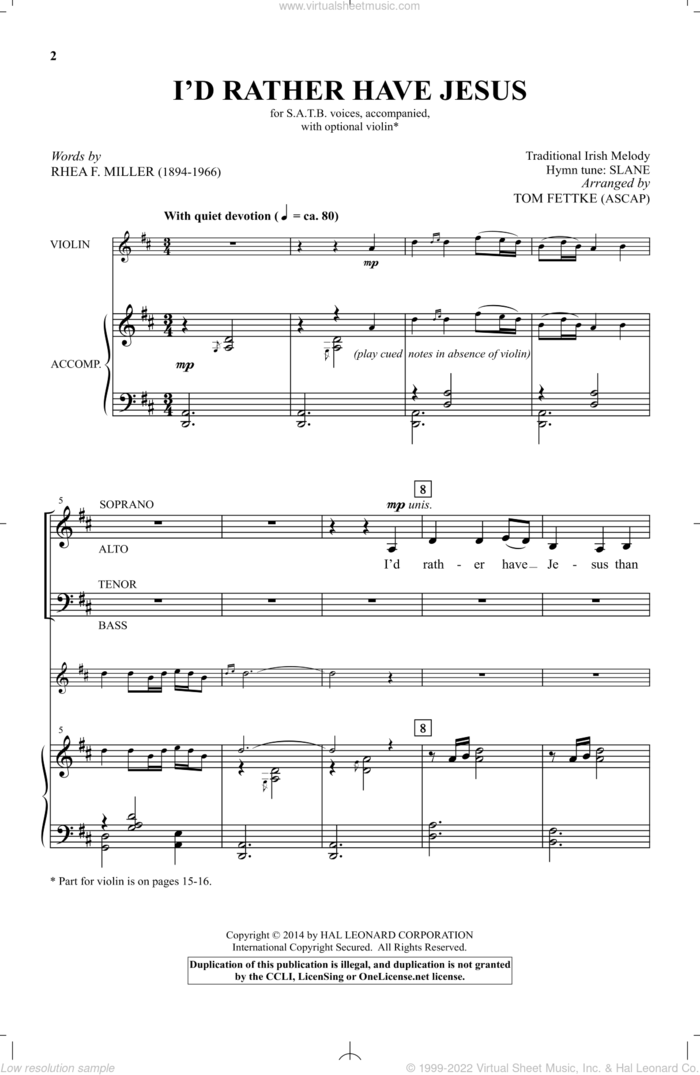 I'd Rather Have Jesus sheet music for choir (SATB: soprano, alto, tenor, bass) by Tom Fettke, Miscellaneous and Rhea F. Miller, intermediate skill level