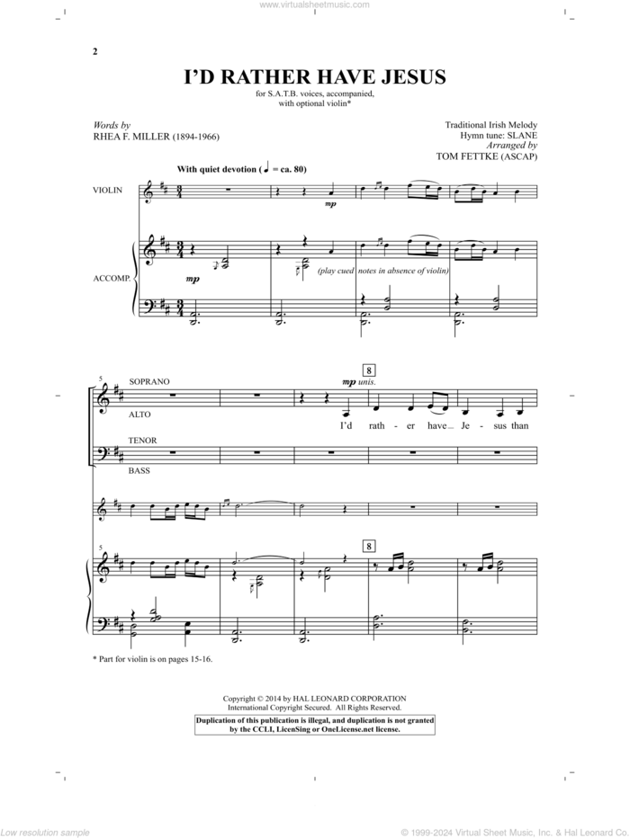 I'd Rather Have Jesus sheet music for choir (SATB: soprano, alto, tenor, bass) by Tom Fettke, Miscellaneous and Rhea F. Miller, intermediate skill level