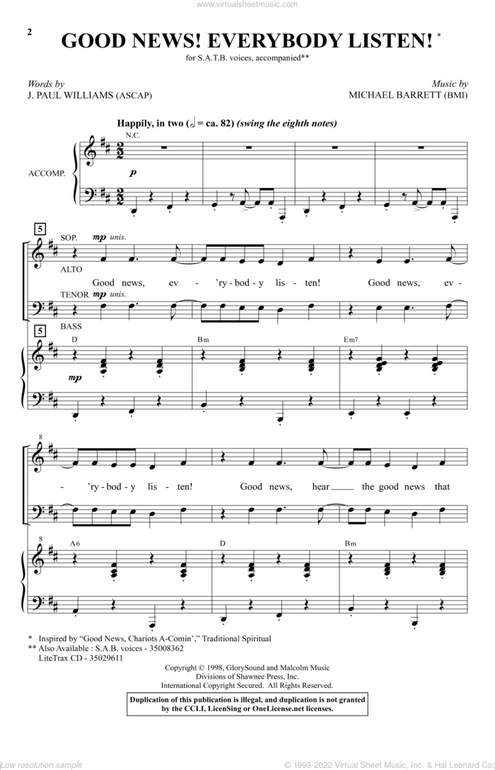 Good News! Everybody Listen! sheet music for choir (SATB: soprano, alto, tenor, bass) by J. Paul Williams and Michael Barrett, intermediate skill level