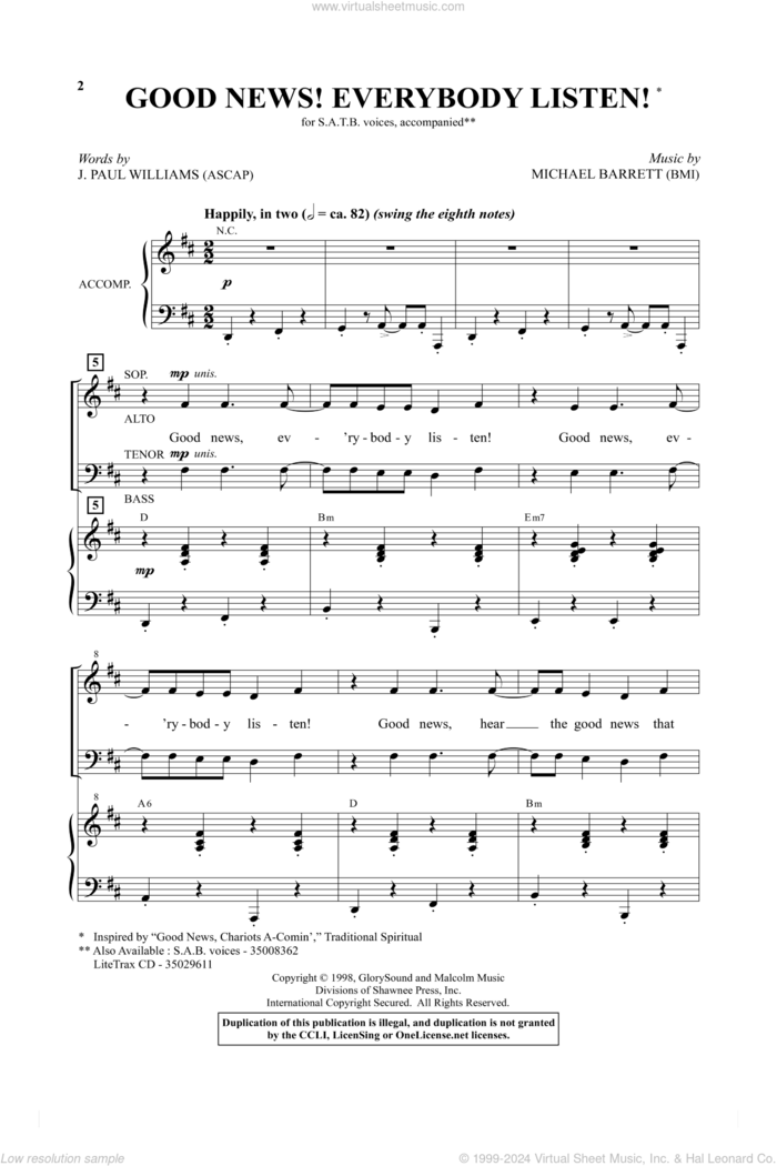 Good News! Everybody Listen! sheet music for choir (SATB: soprano, alto, tenor, bass) by J. Paul Williams and Michael Barrett, intermediate skill level