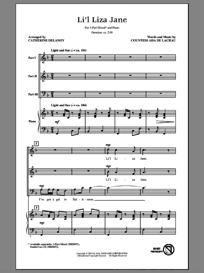Li'l Liza Jane (Go Li'l Liza) sheet music for choir (3-Part Mixed) by Catherine Delanoy and Countess Ada De Lachau, intermediate skill level