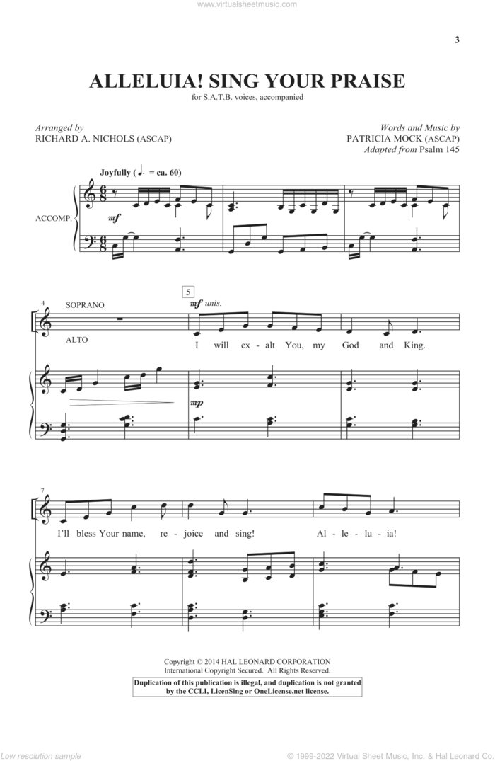Alleluia! Sing Your Praise sheet music for choir (SATB: soprano, alto, tenor, bass) by Patricia Mock and Richard A. Nichols, intermediate skill level