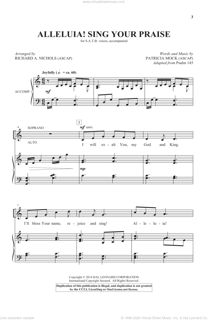 Alleluia! Sing Your Praise sheet music for choir (SATB: soprano, alto, tenor, bass) by Patricia Mock and Richard A. Nichols, intermediate skill level