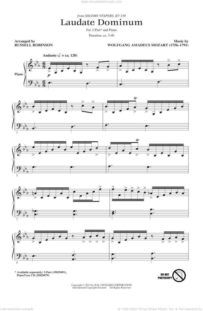 Laudate Dominum sheet music for choir (2-Part) by Wolfgang Amadeus Mozart and Russell Robinson, classical wedding score, intermediate duet