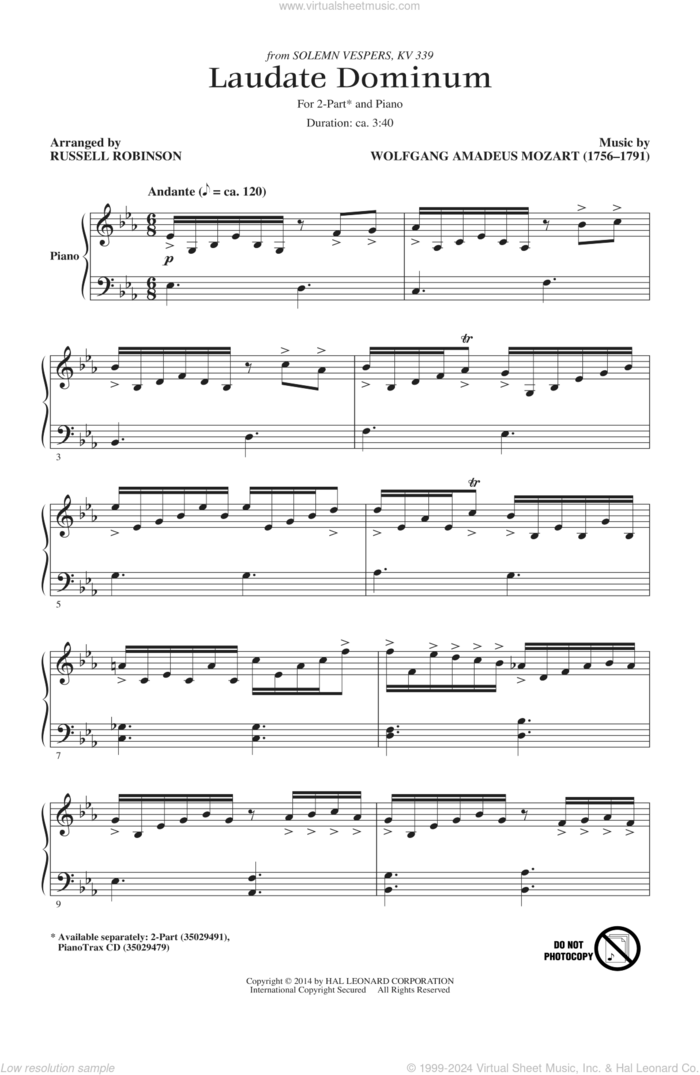 Laudate Dominum sheet music for choir (2-Part) by Wolfgang Amadeus Mozart and Russell Robinson, classical wedding score, intermediate duet