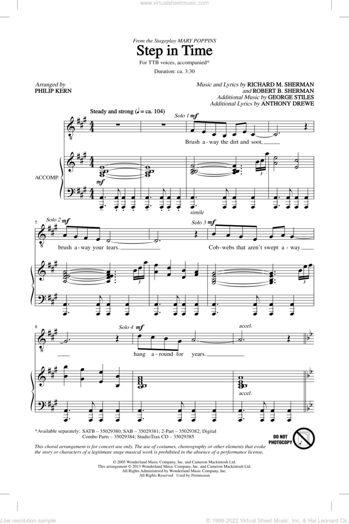 Step In Time sheet music for choir (TTBB: tenor, bass) by Richard M. Sherman, Anthony Drewe, George Stiles, Philip Kern and Robert B. Sherman, intermediate skill level