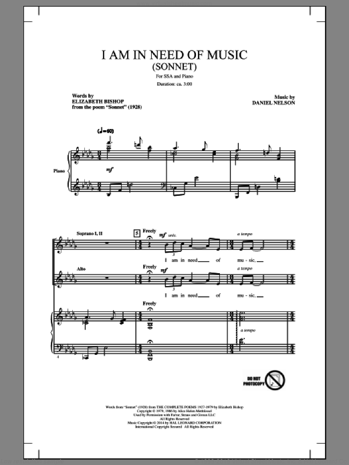 I Am In Need Of Music (Sonnet) sheet music for choir (SSA: soprano, alto) by Daniel Nelson and Elizabeth Bishop, intermediate skill level
